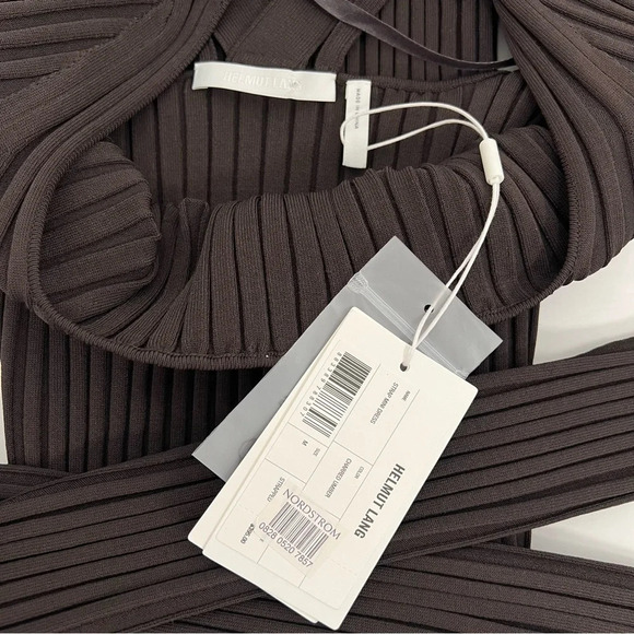 HELMUT LANG Strap Rib-Knit Bodycon Mini Dress Brown Long Sleeve Size M NEW - Picture 9 of 14